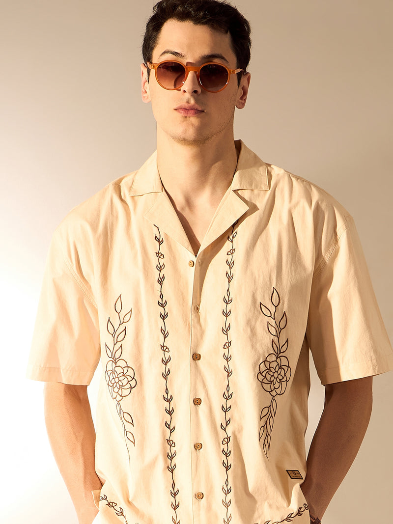 Beige:Half Sleeves Embroidery Cotton Shirt