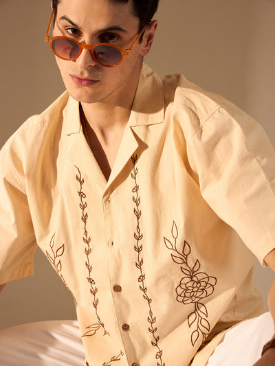 Beige:Half Sleeves Embroidery Cotton Shirt