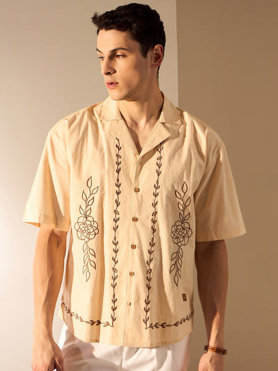 Beige:Half Sleeves Embroidery Cotton Shirt