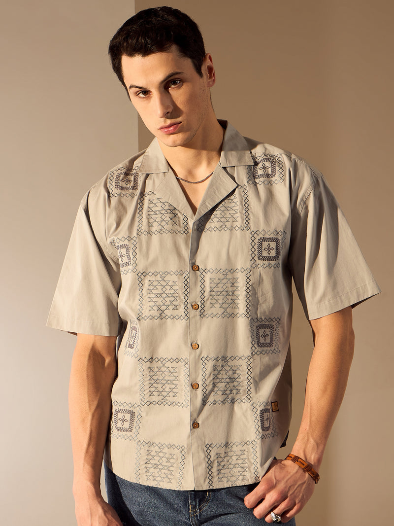 Grey: Half Sleeves Embroidery Shirt