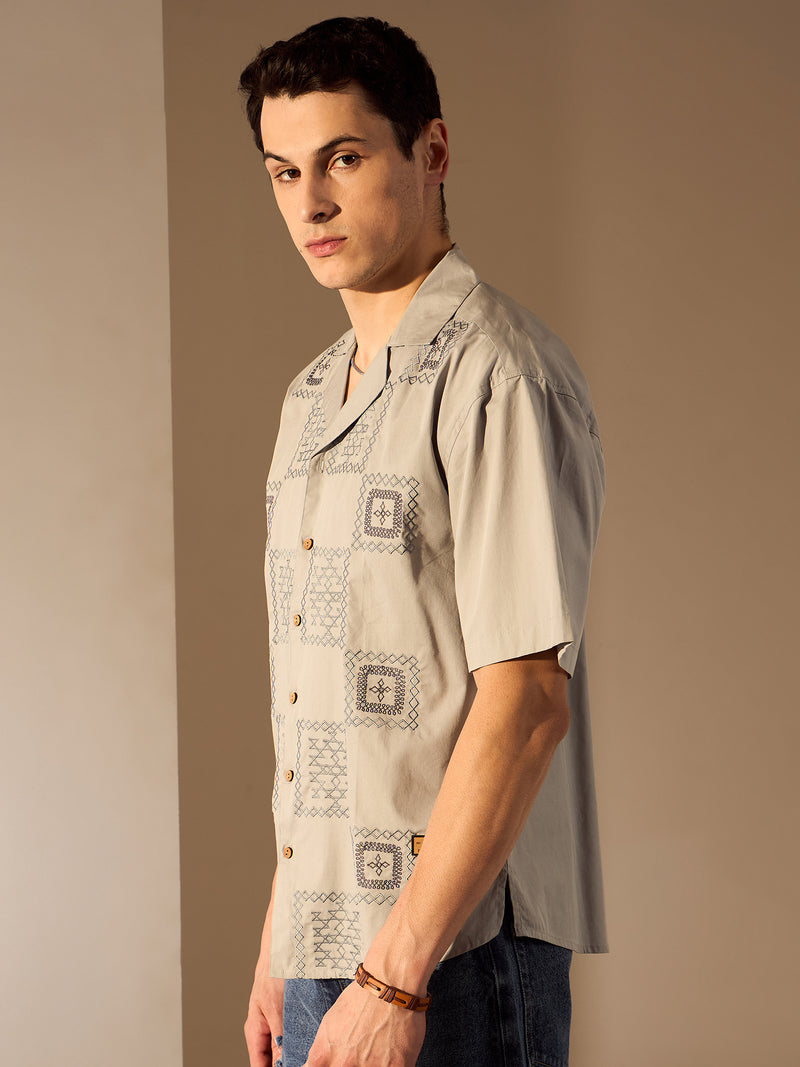 Grey: Half Sleeves Embroidery Shirt