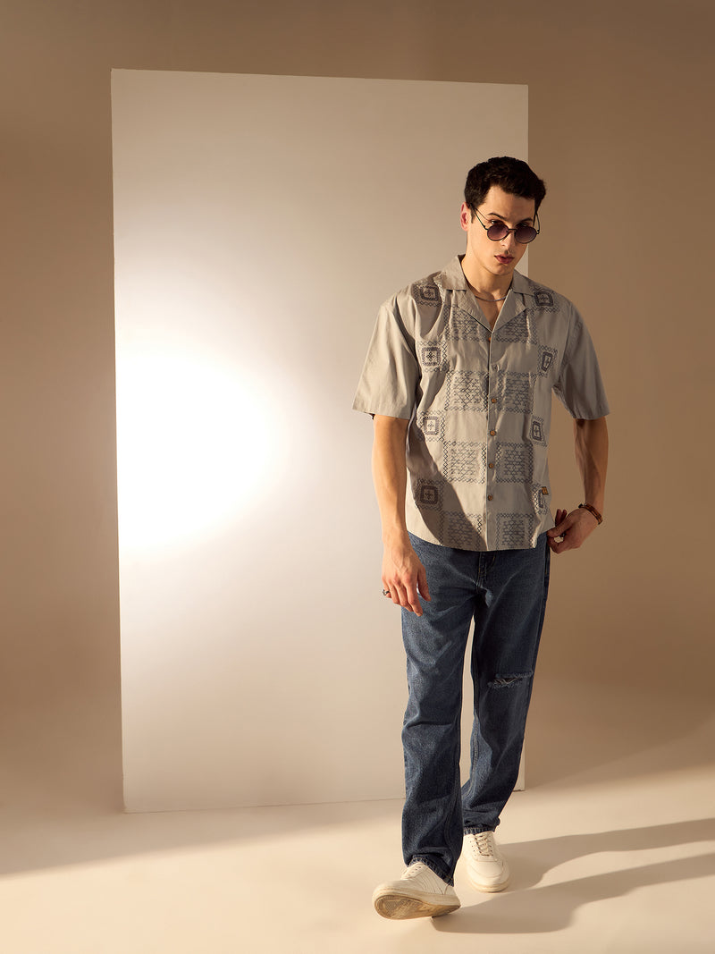 Grey: Half Sleeves Embroidery Shirt