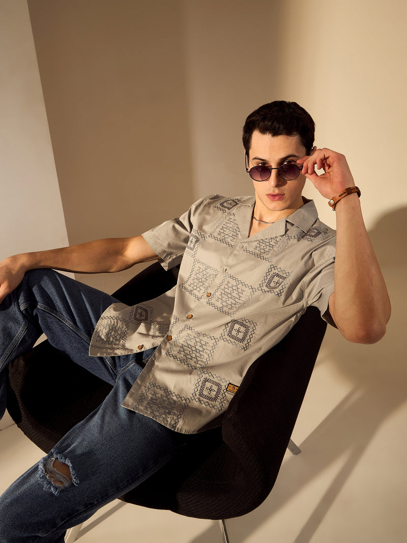 Grey: Half Sleeves Embroidery Shirt