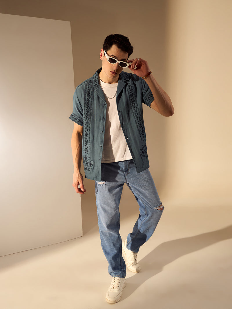 Steel Blue: Half Sleeves Muslin Embroidery Shirt