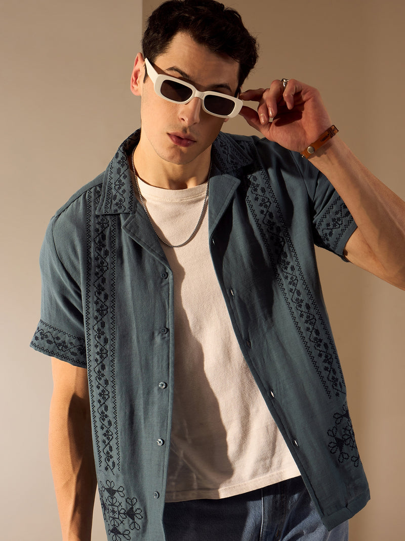 Steel Blue: Half Sleeves Muslin Embroidery Shirt