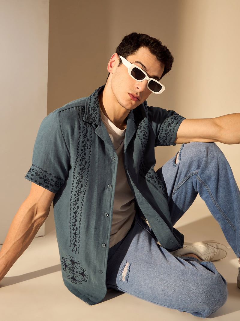 Steel Blue: Half Sleeves Muslin Embroidery Shirt