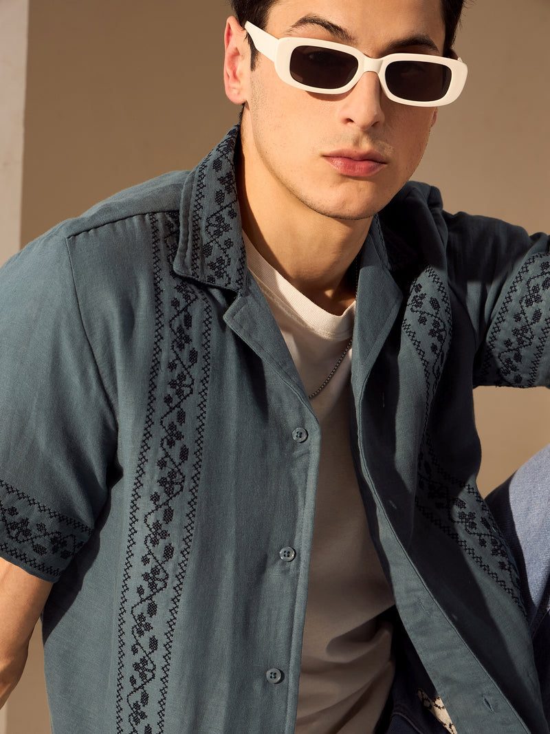 Steel Blue: Half Sleeves Muslin Embroidery Shirt