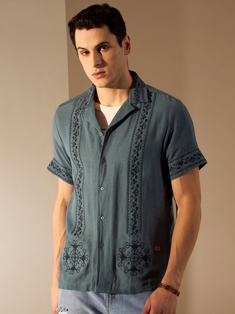 Steel Blue: Half Sleeves Muslin Embroidery Shirt