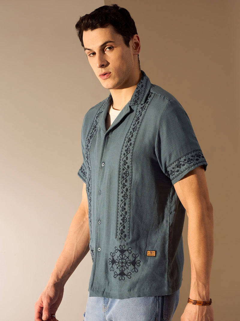 Steel Blue: Half Sleeves Muslin Embroidery Shirt