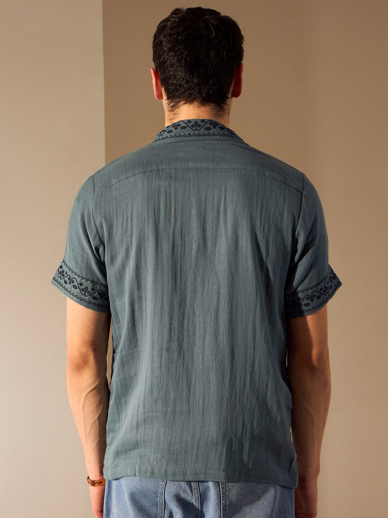 Steel Blue: Half Sleeves Muslin Embroidery Shirt