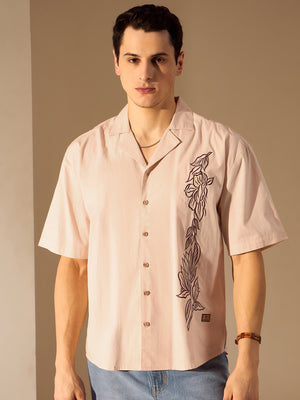 Beige: Half Sleeves Floral Embroidery Oversized Shirt