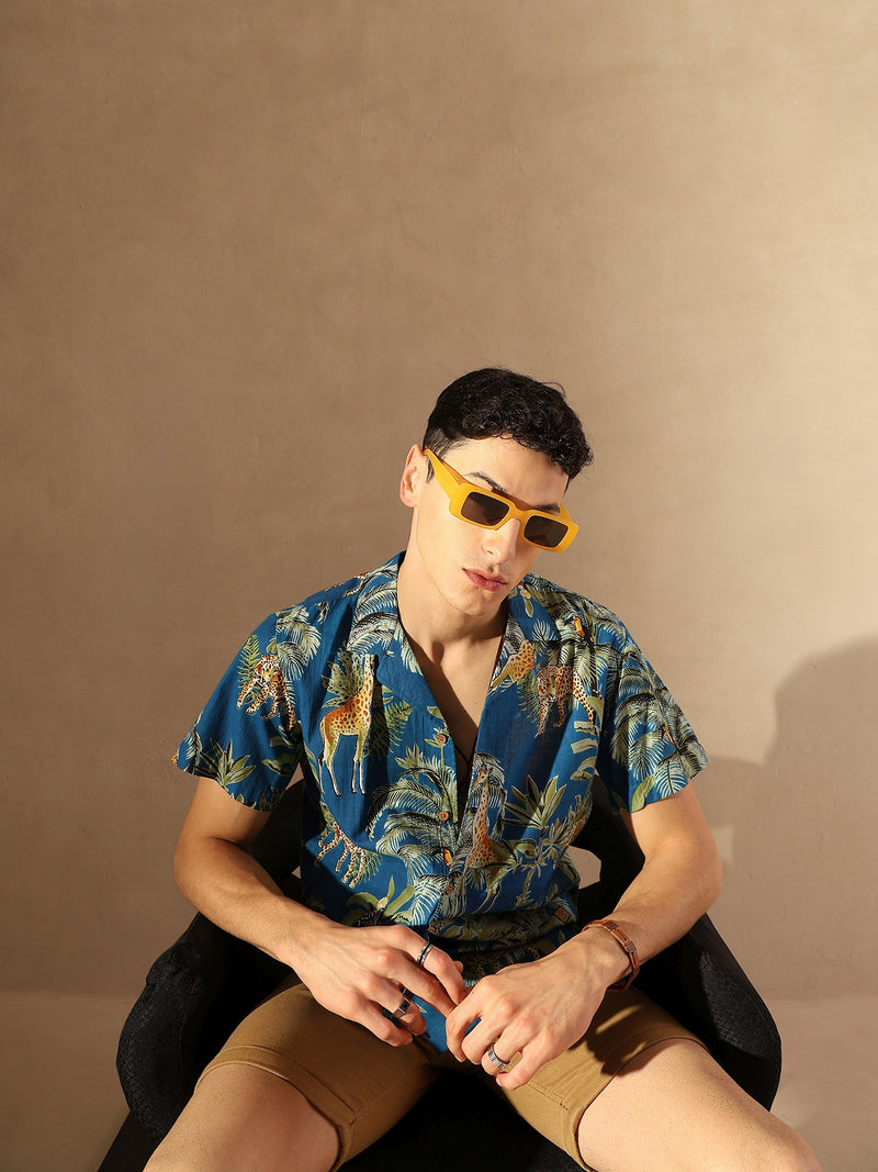 Blue: Half Sleeves Block Printed Shirt