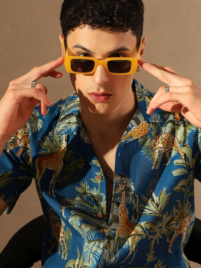 Blue: Half Sleeves Block Printed Shirt