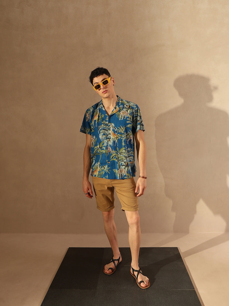 Blue: Half Sleeves Block Printed Shirt