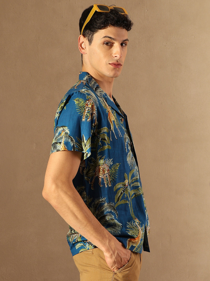 Blue: Half Sleeves Block Printed Shirt