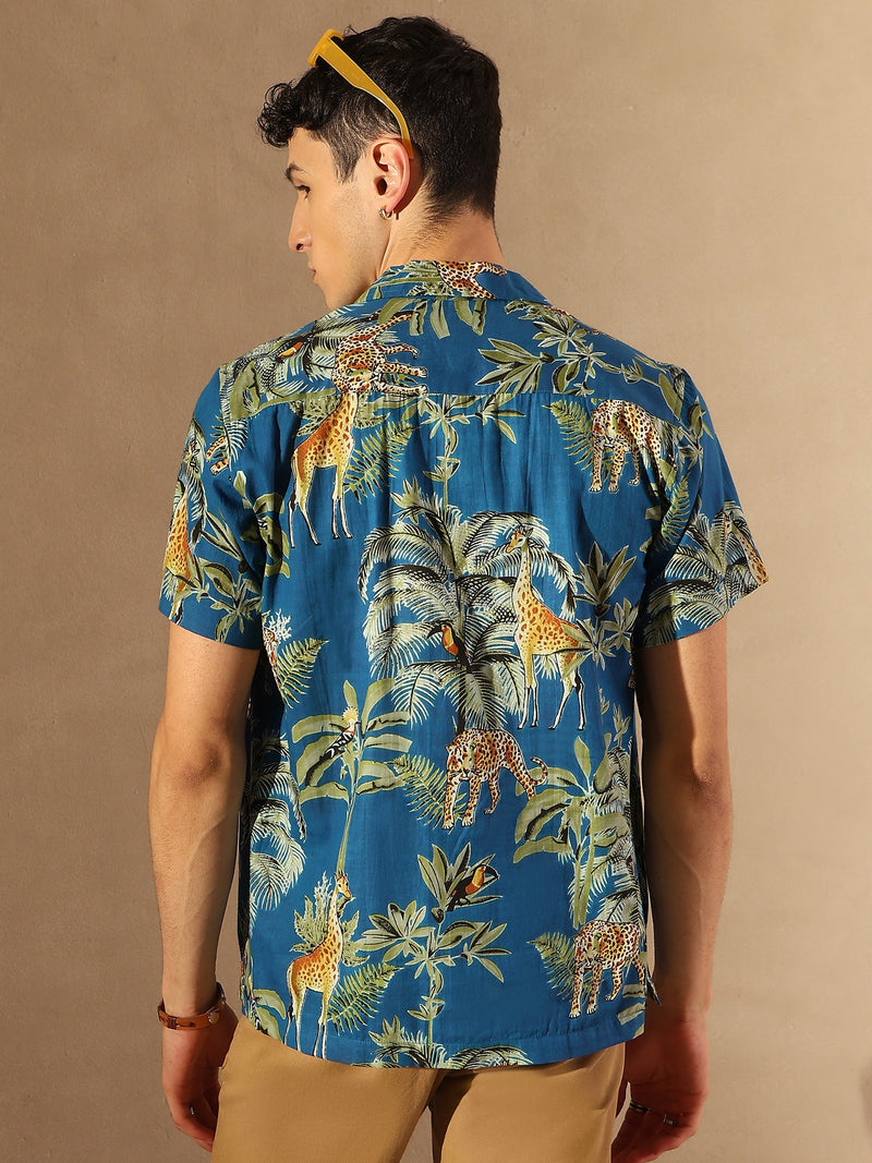 Blue: Half Sleeves Block Printed Shirt