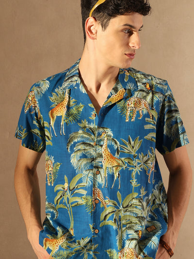 Blue: Half Sleeves Block Printed Shirt