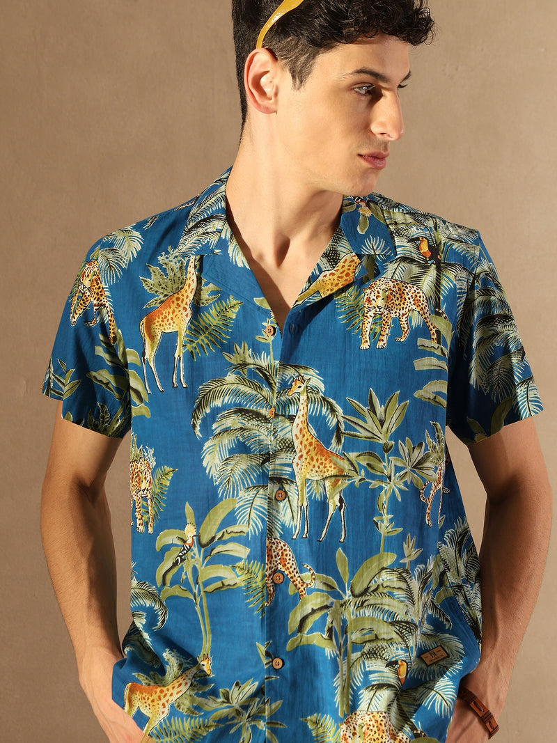 Blue: Half Sleeves Block Printed Shirt