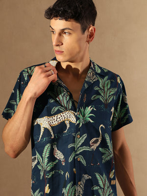 Navy Blue: Half Sleeves Block Printed Shirt