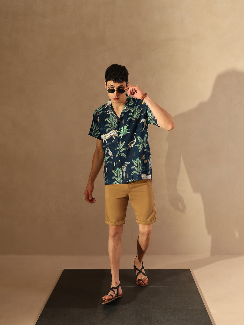 Navy Blue: Half Sleeves Block Printed Shirt