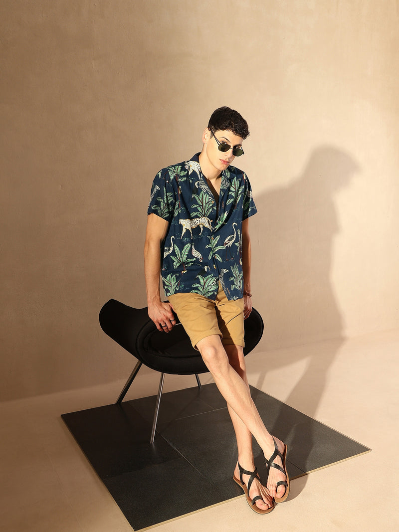 Navy Blue: Half Sleeves Block Printed Shirt