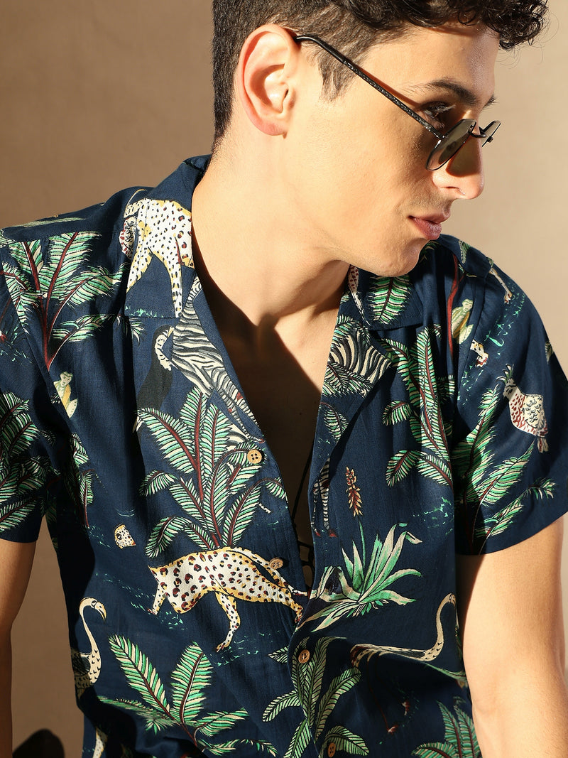 Navy Blue: Half Sleeves Block Printed Shirt