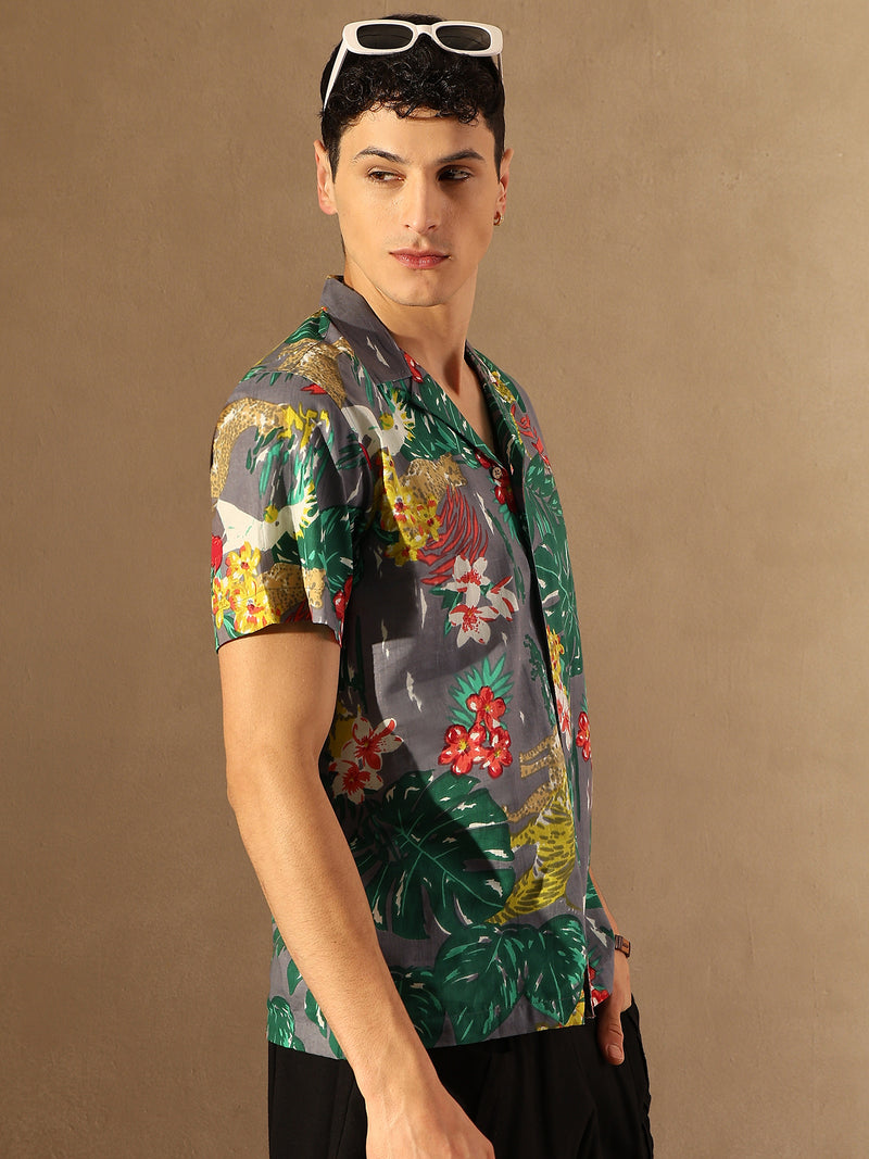 Grey: half Sleeves Lightweight Cotton Block Printed Shirt