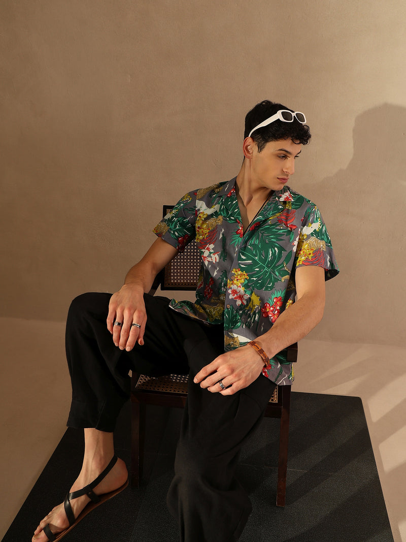 Grey: half Sleeves Lightweight Cotton Block Printed Shirt