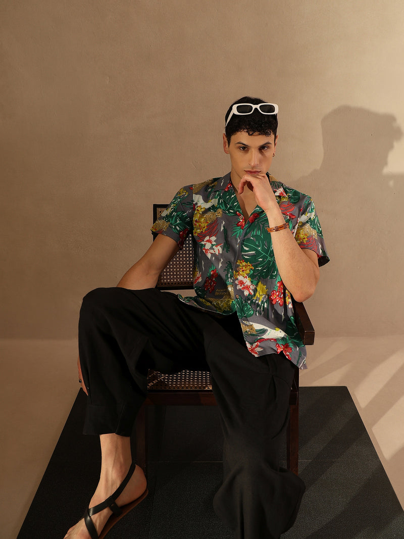 Grey: half Sleeves Lightweight Cotton Block Printed Shirt