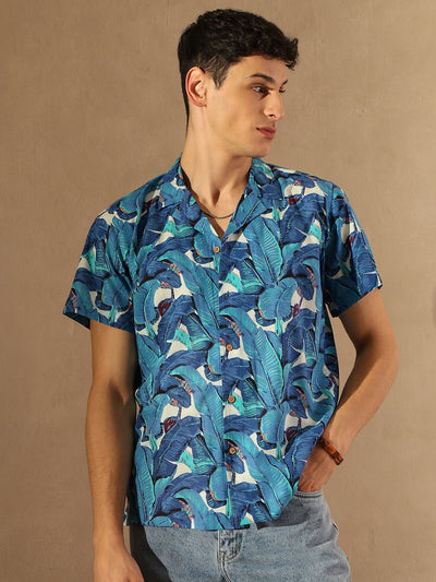 Blue and white: Half Sleeves Block Printed Shirt