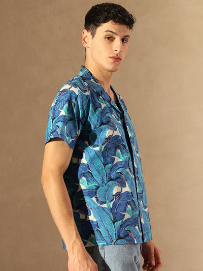 Blue and white: Half Sleeves Block Printed Shirt