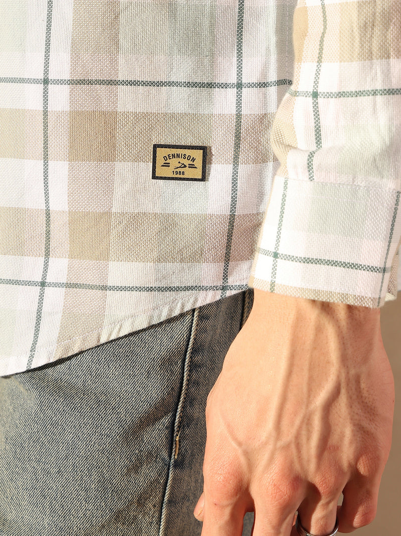 DENNISON Men White & Brown Checked Shirt