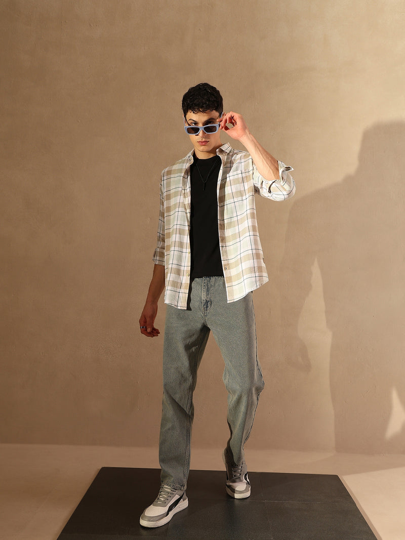 DENNISON Men White & Brown Checked Shirt