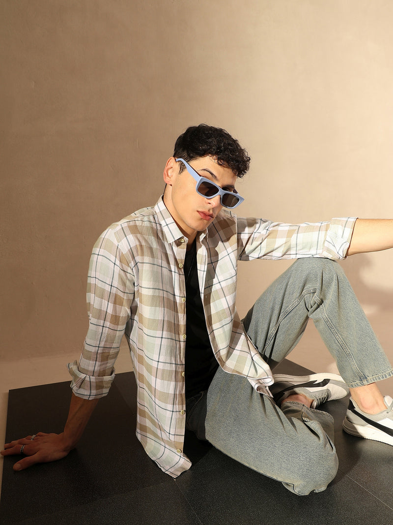 DENNISON Men White & Brown Checked Shirt