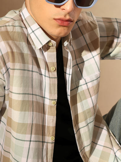 DENNISON Men White & Brown Checked Shirt