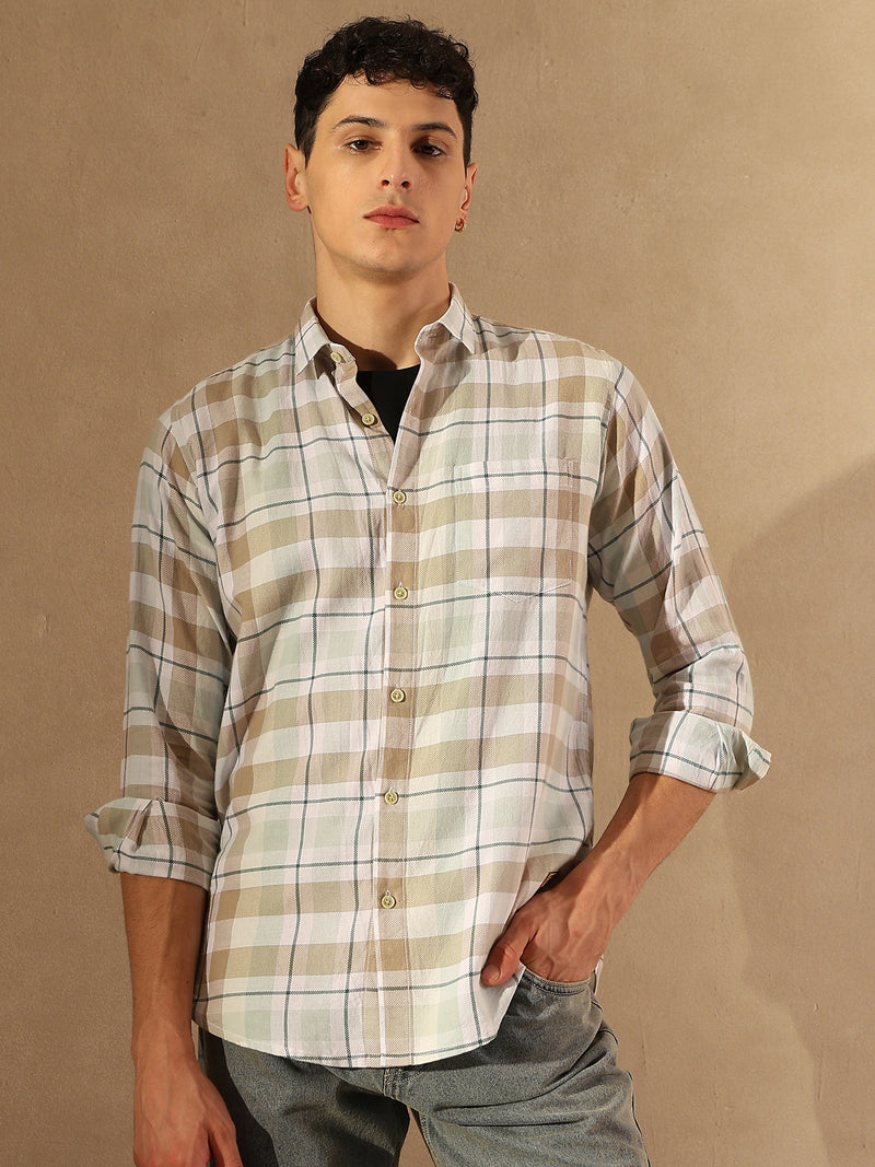 DENNISON Men White & Brown Checked Shirt