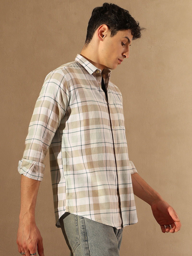 DENNISON Men White & Brown Checked Shirt