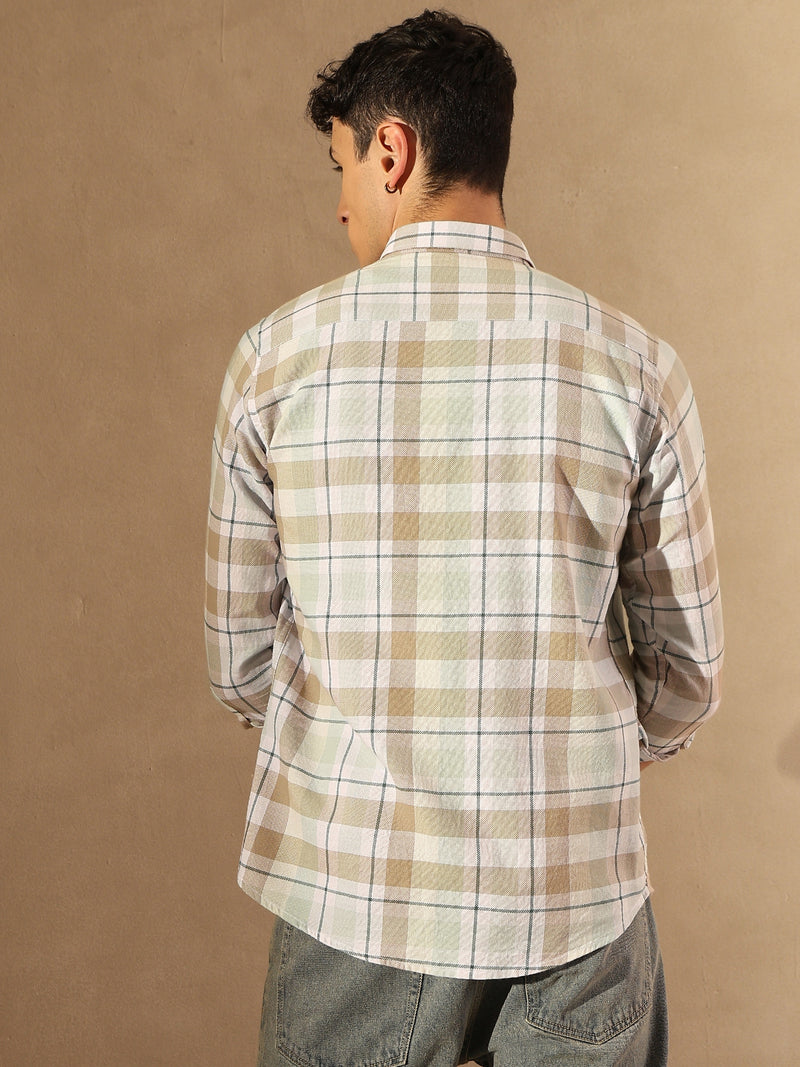 DENNISON Men White & Brown Checked Shirt