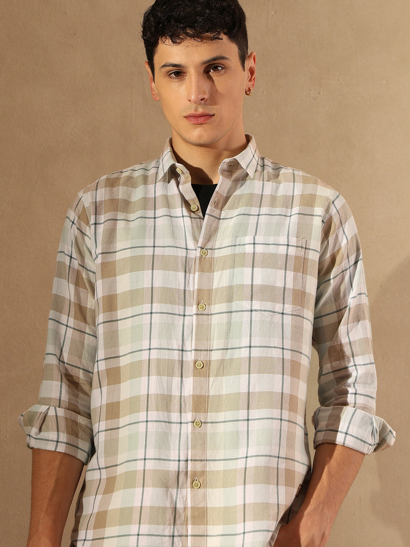 DENNISON Men White & Brown Checked Shirt