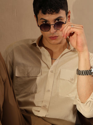 Beige Double Pocket Cotton Linen Shirt