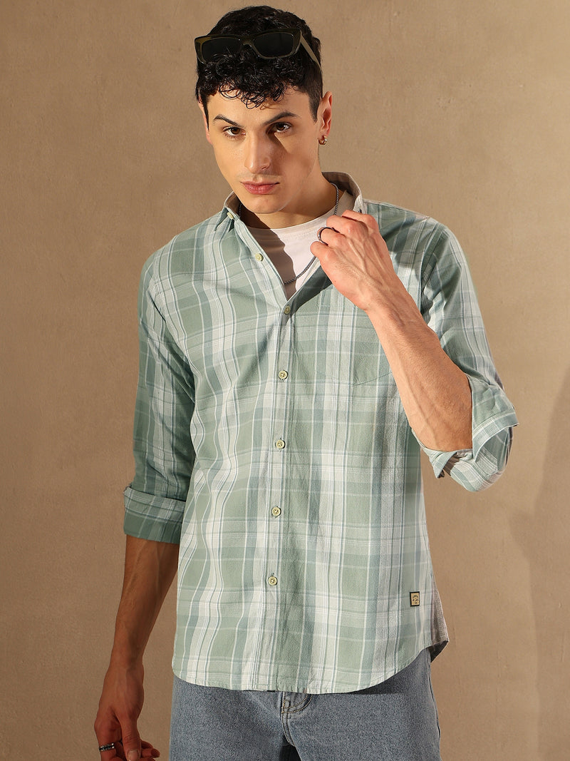 DENNISON Men Olive & Grey Checked Shirt