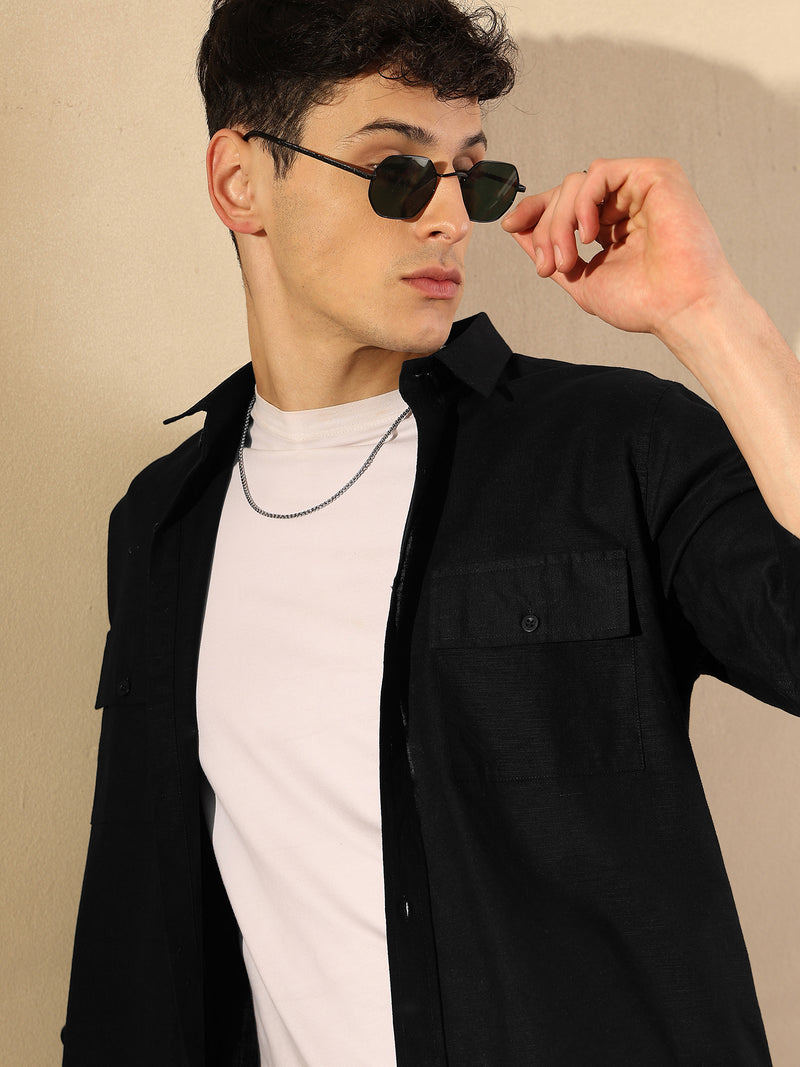Black: Double Pocket Cotton Linen Shirt