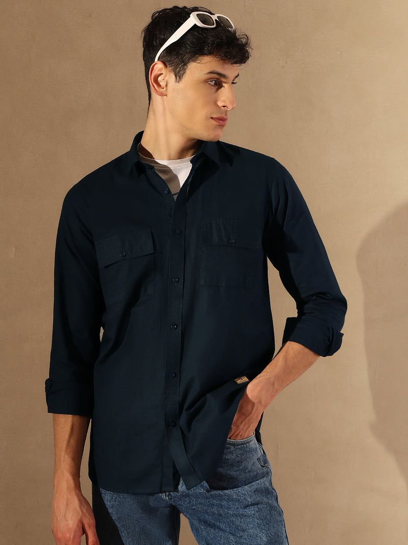 Navy Blue Double Pocket Cotton Linen Shirt