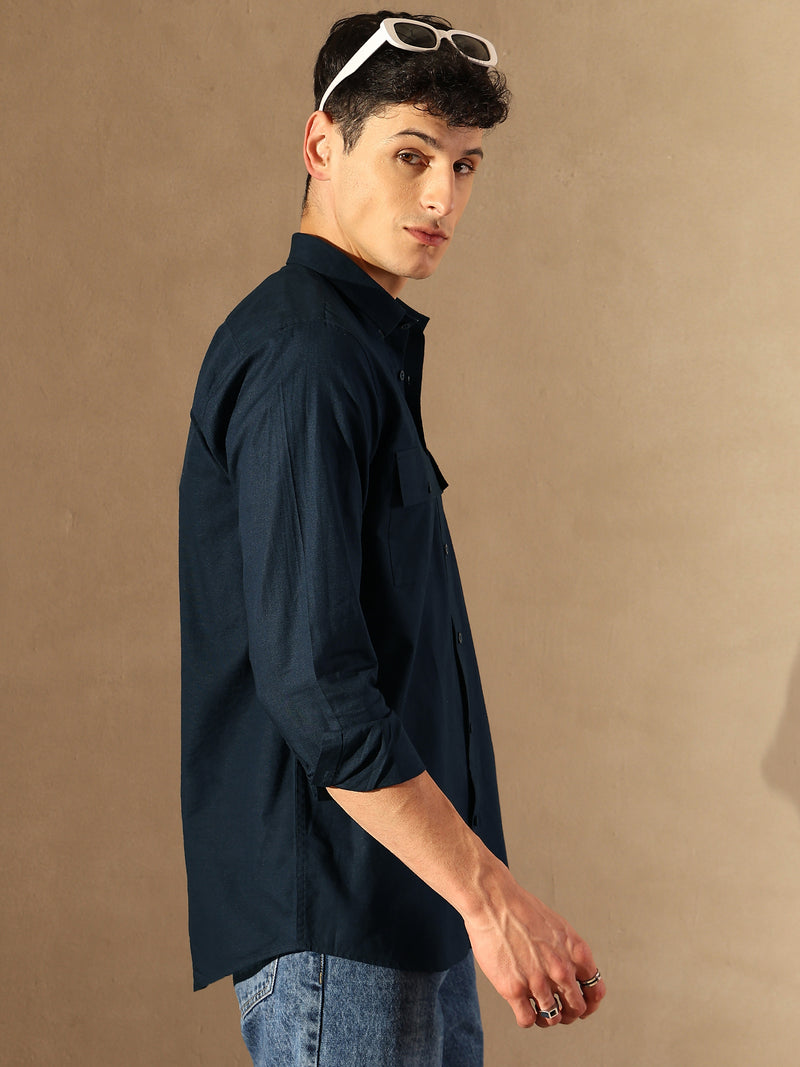 Navy Blue Double Pocket Cotton Linen Shirt