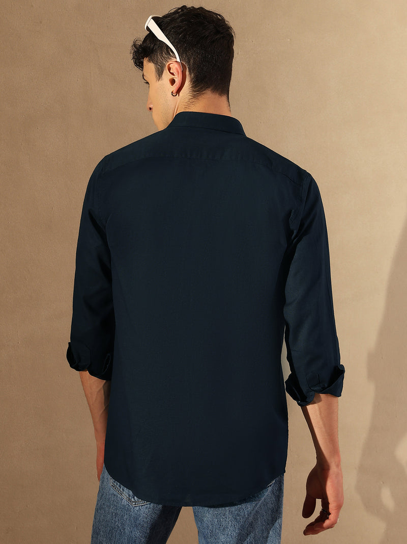 Navy Blue Double Pocket Cotton Linen Shirt