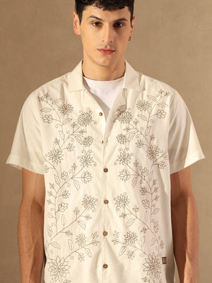 White:Half Sleeves Embroidery Casual Shirt