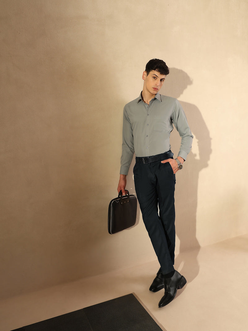 Blue Tapered Fit Pleated Trousers