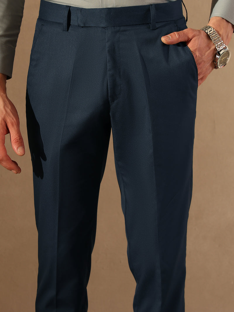 Men Navy Blue Tapered Fit Trousers
