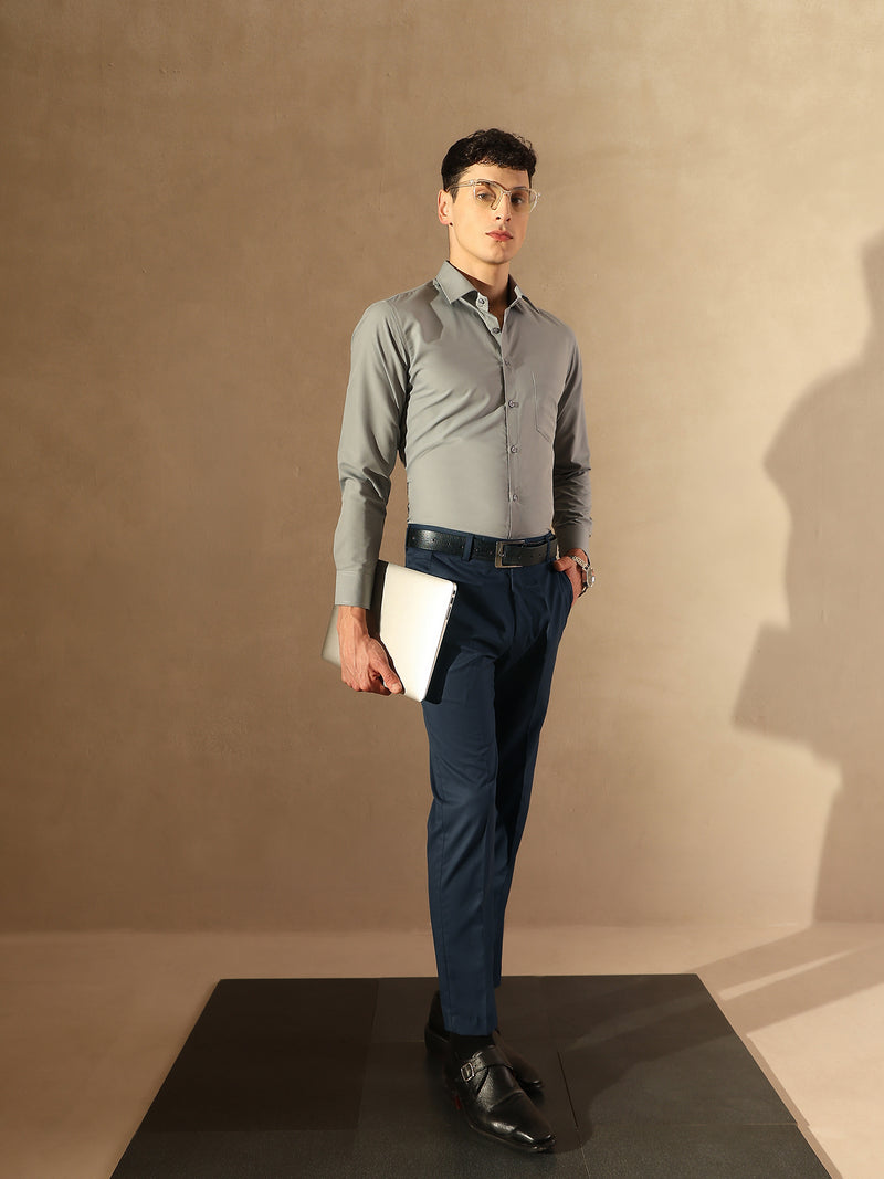 Men Navy Blue Tapered Fit Trousers