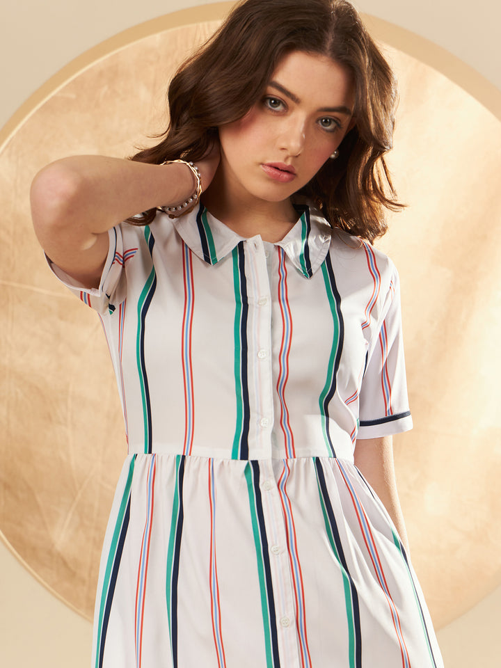 Striped Crepe Shirt Collar A-Line Dress